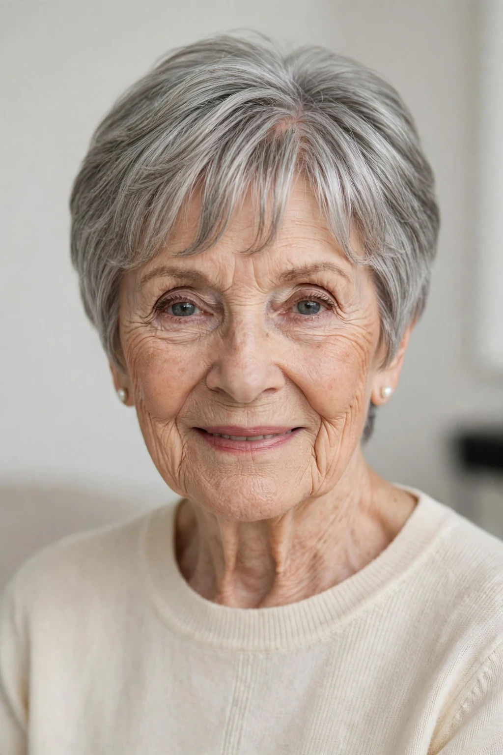 Elegant woman over 80 with short hair with curtain bangs, soft parted fringe, flattering light.
