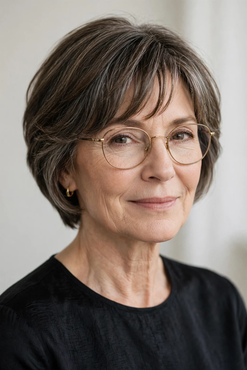 Elegant woman over 50 with glasses and short hair with curtain bangs, soft parted fringe, flattering light.