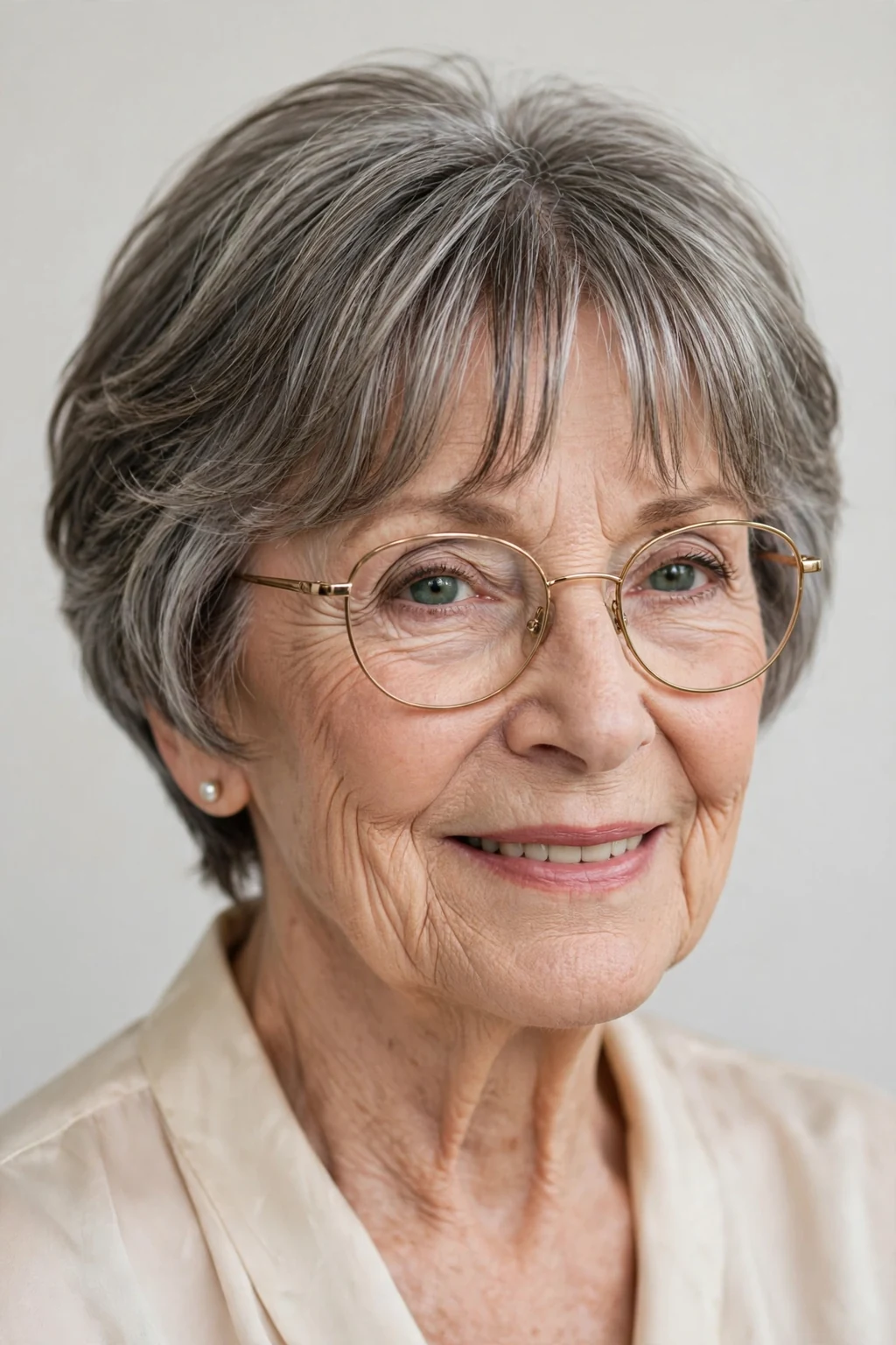 Elegant woman over 70 with glasses and short hair with curtain bangs, soft parted fringe, flattering light.