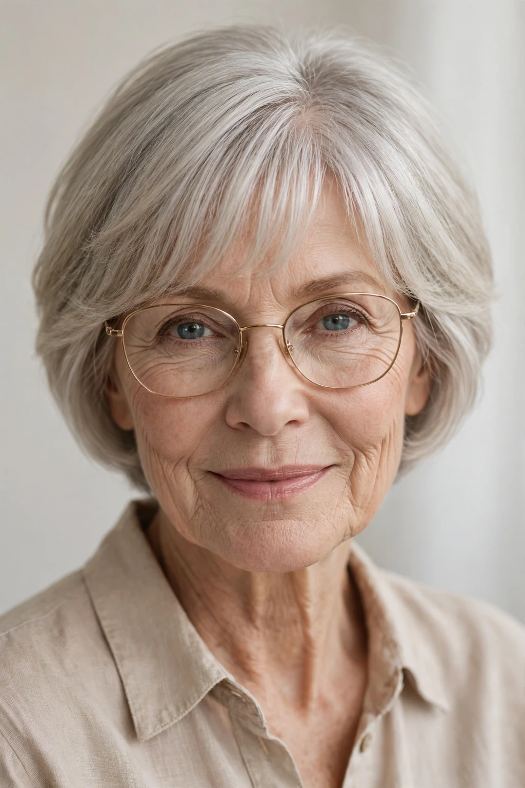Elegant woman over 60 with fine hair and glasses and short hair with curtain bangs, soft parted fringe, flattering light.