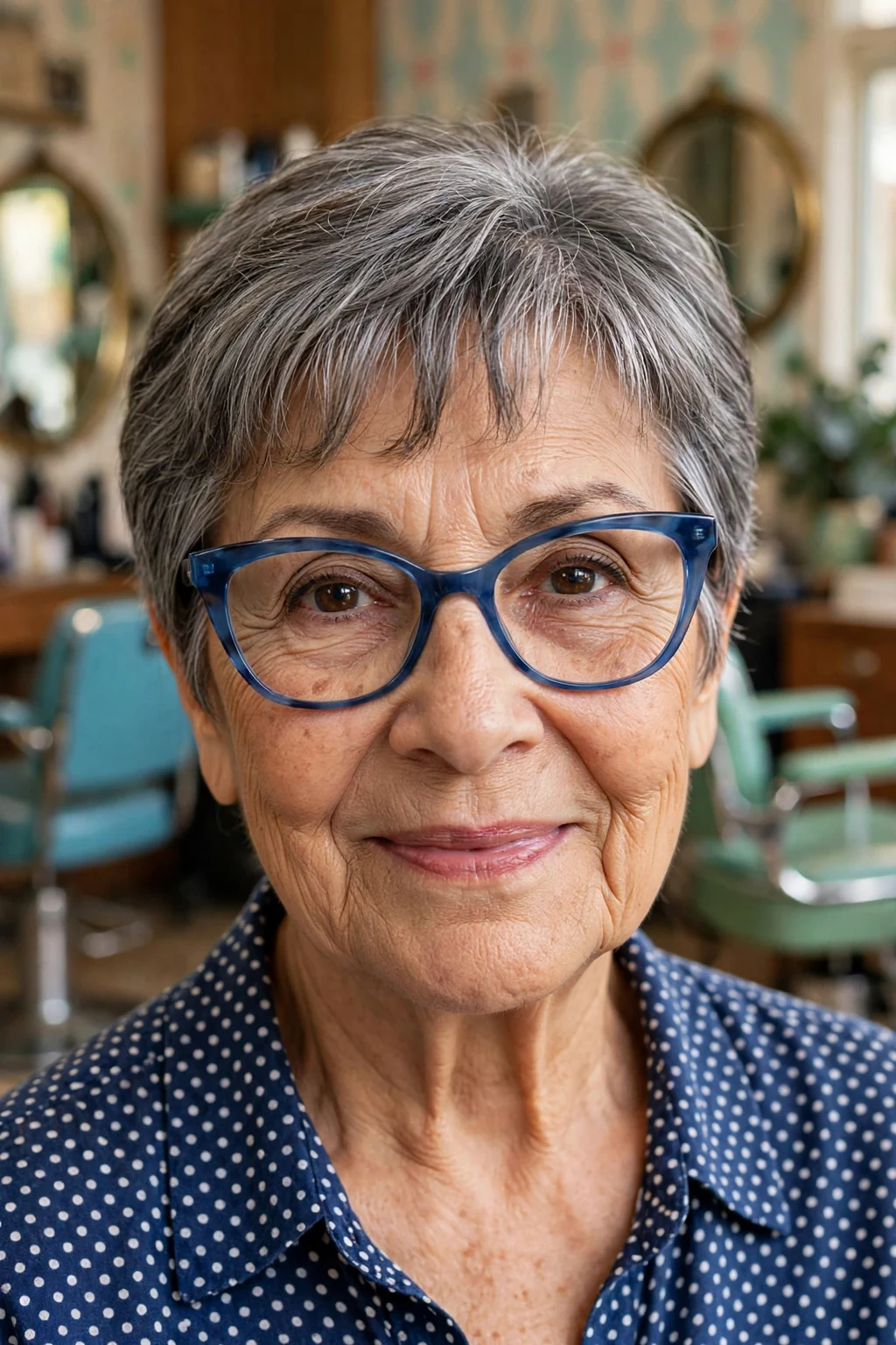 Elegant older woman over 70 with fine hair and glasses and short hair with curtain bangs, soft parted fringe, flattering light.