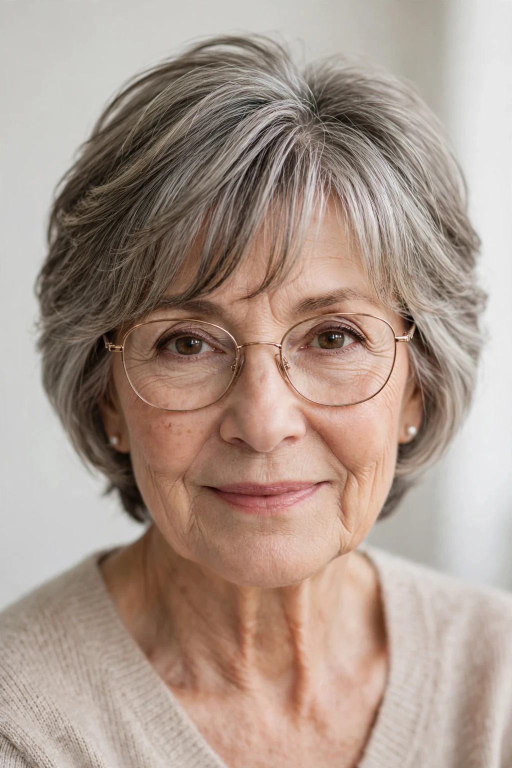 Elegant older woman with glasses and short hair with curtain bangs, soft parted fringe, flattering light.