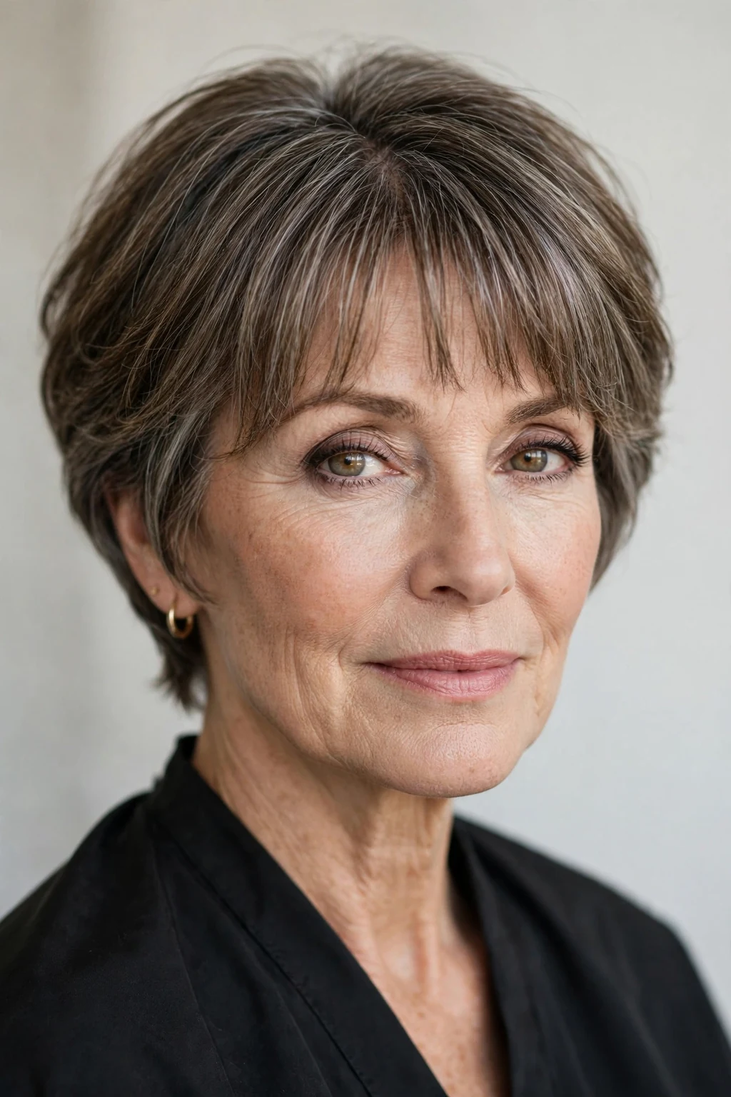 Elegant older woman over 50 with short hair with curtain bangs, soft parted fringe, flattering light.