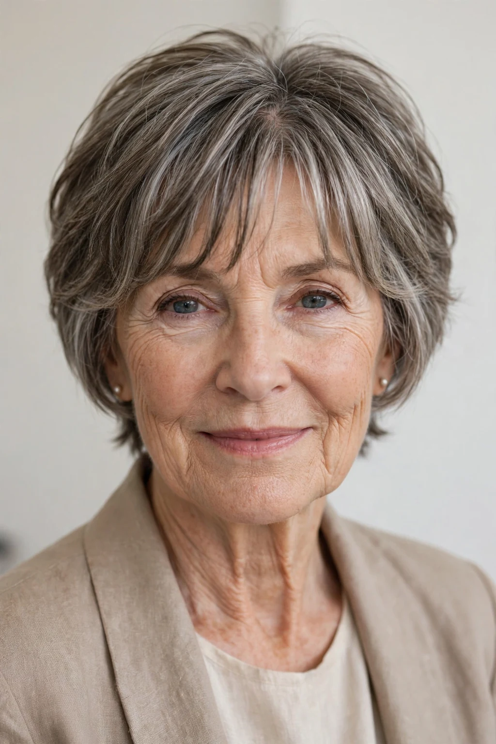 Elegant older woman over 60 with short hair with curtain bangs, soft parted fringe, flattering light.