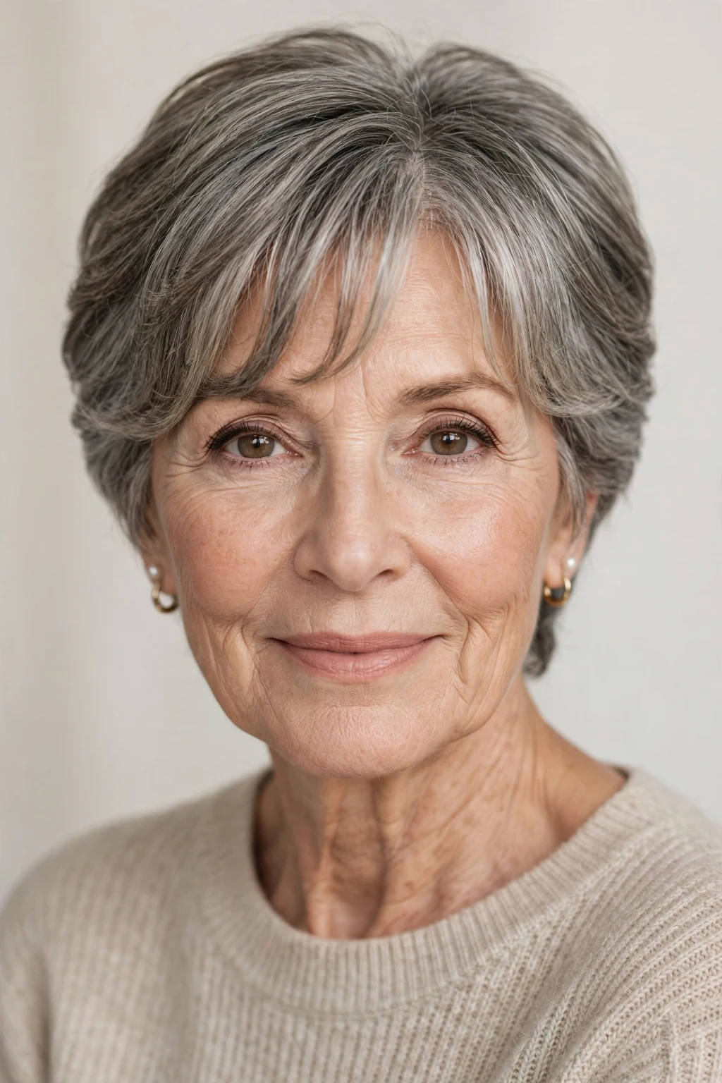 Elegant older woman with short hair with curtain bangs, soft parted fringe, flattering light.