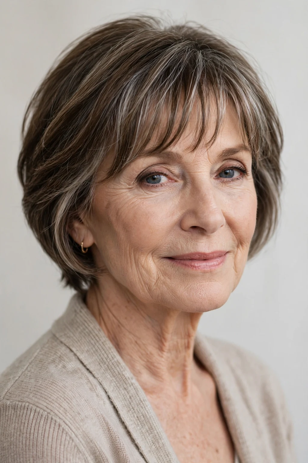 Elegant woman over 60 with short hair with curtain bangs, soft parted fringe, flattering light.