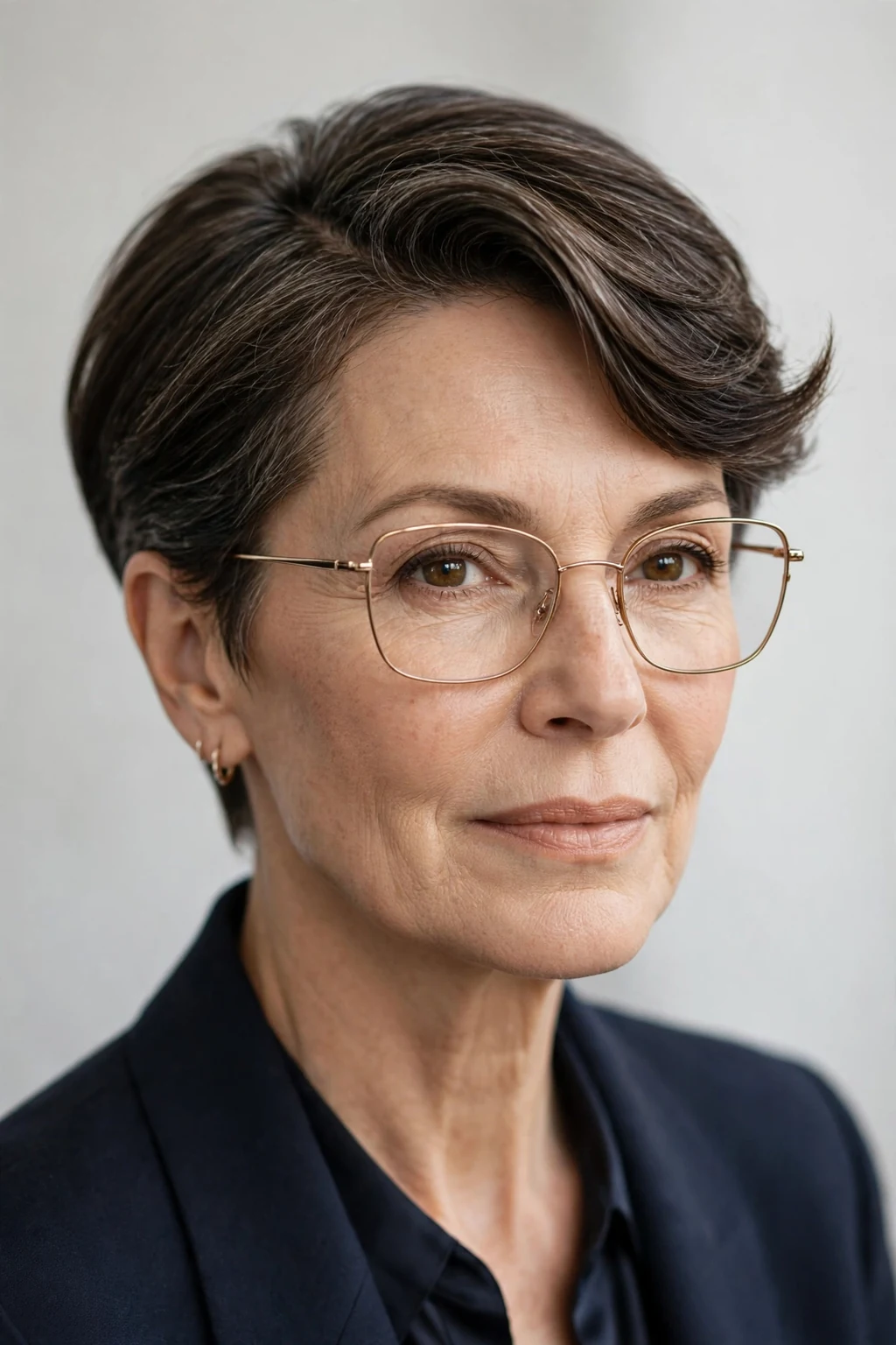 Elegant woman over 50 with glasses and deep side part short cut, dramatic elegant sweep, refined light.