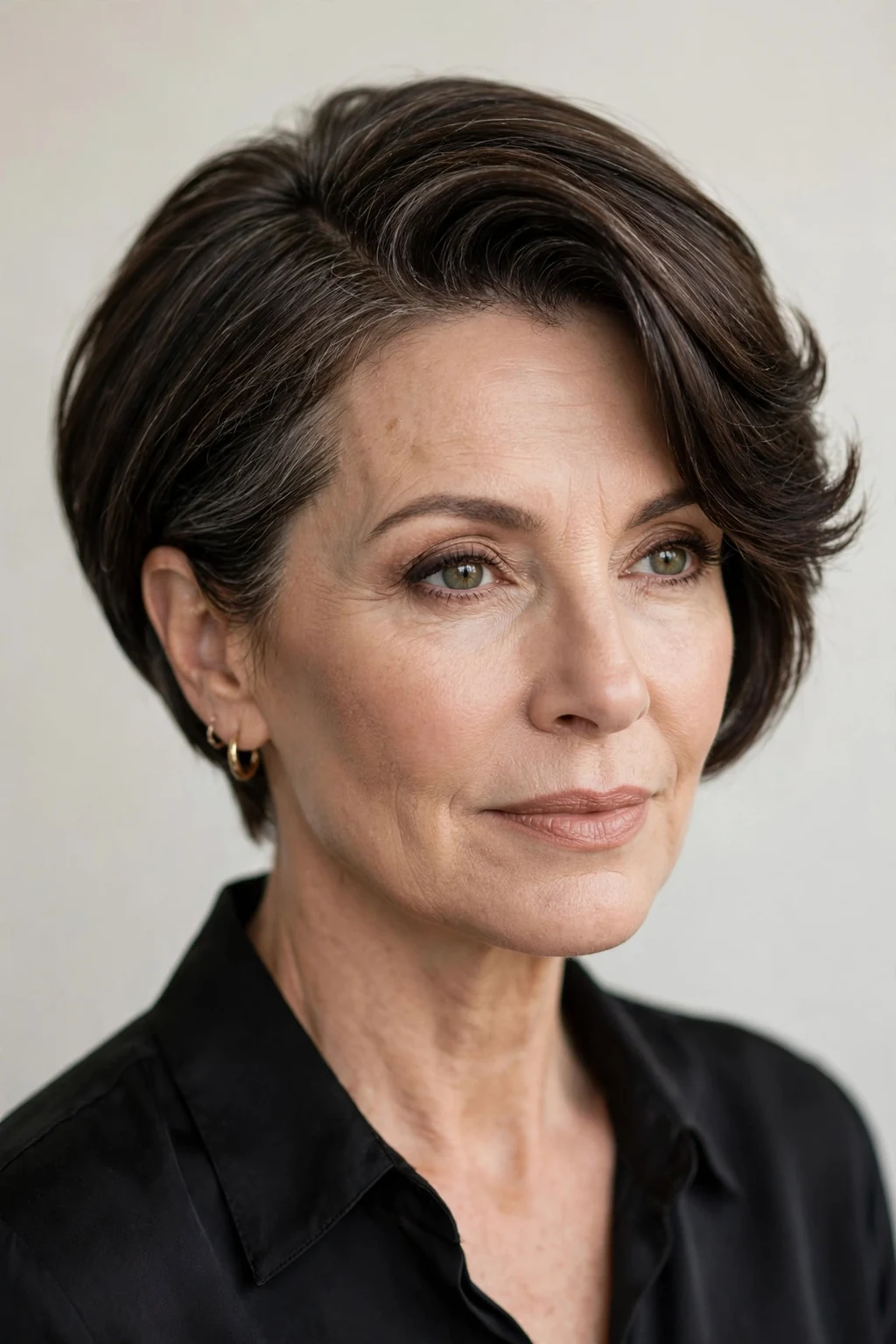 Elegant woman over 50 with short hair with deep side part, dramatic elegant sweep, refined light.