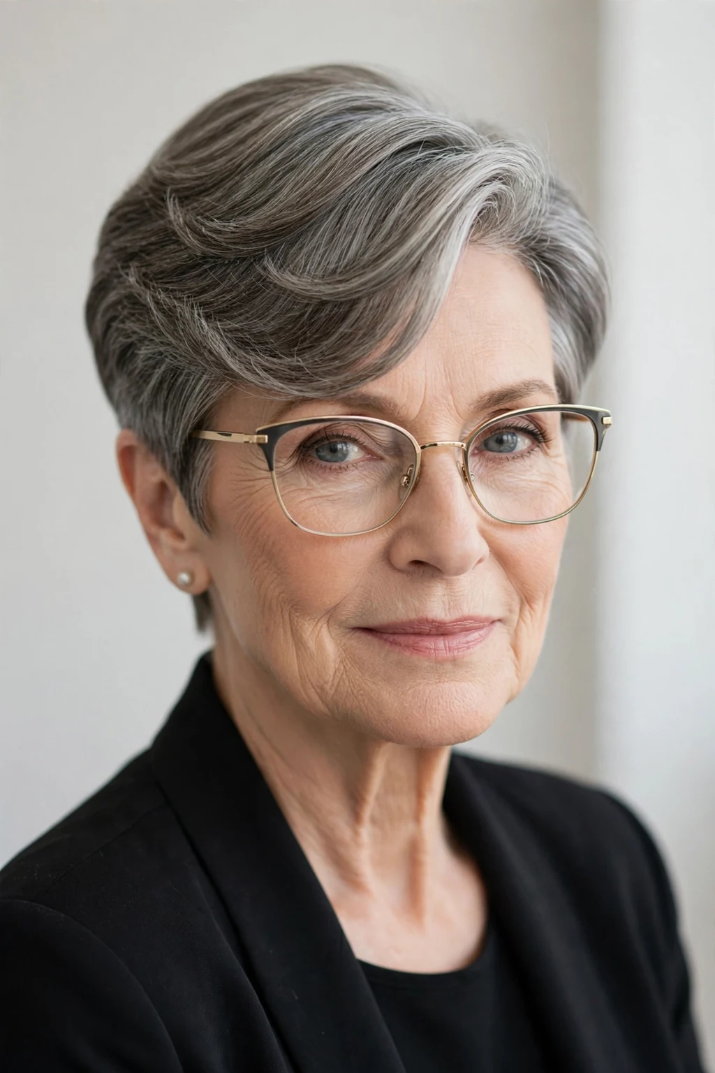 Elegant woman over 60 with glasses and deep side part short cut, dramatic elegant sweep, refined light.