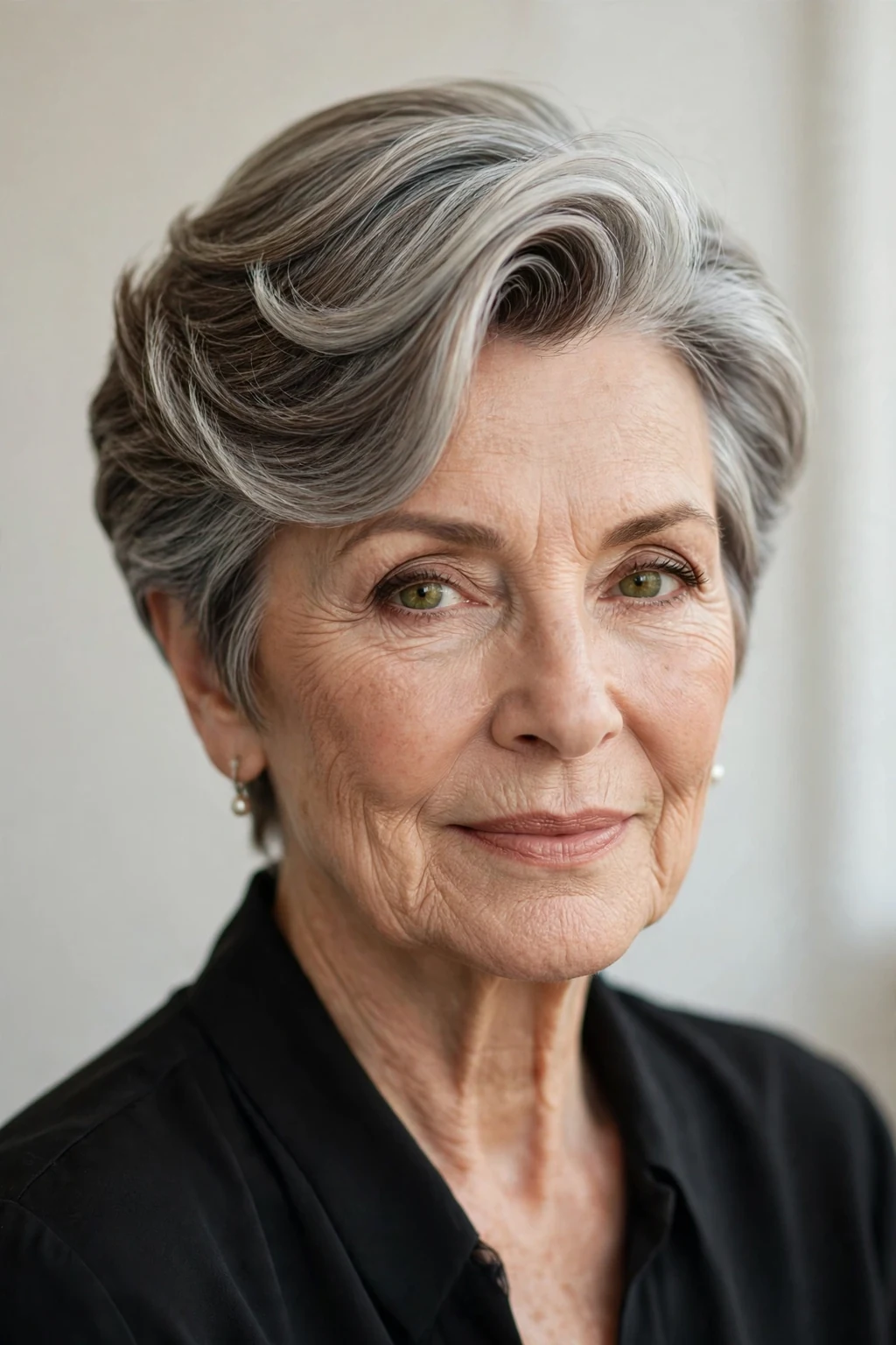 Elegant woman over 60 with short hair with deep side part, dramatic elegant sweep, refined light.