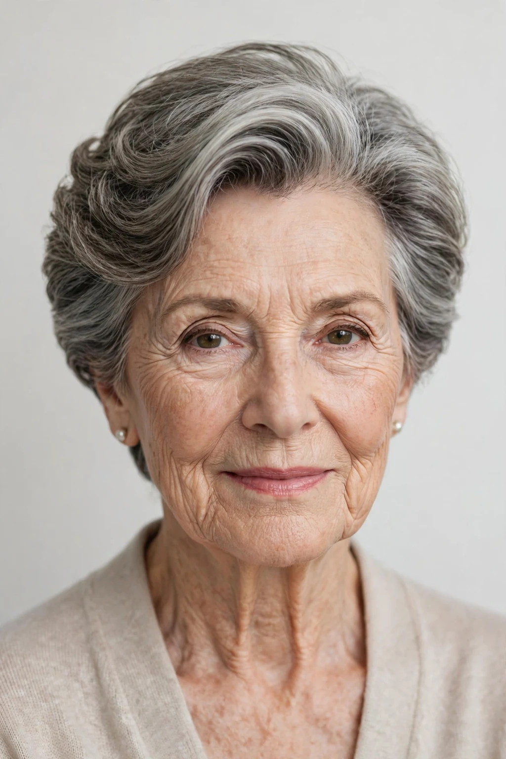 Elegant woman over 70 with short hair with deep side part, elegant sweeping volume, refined light.