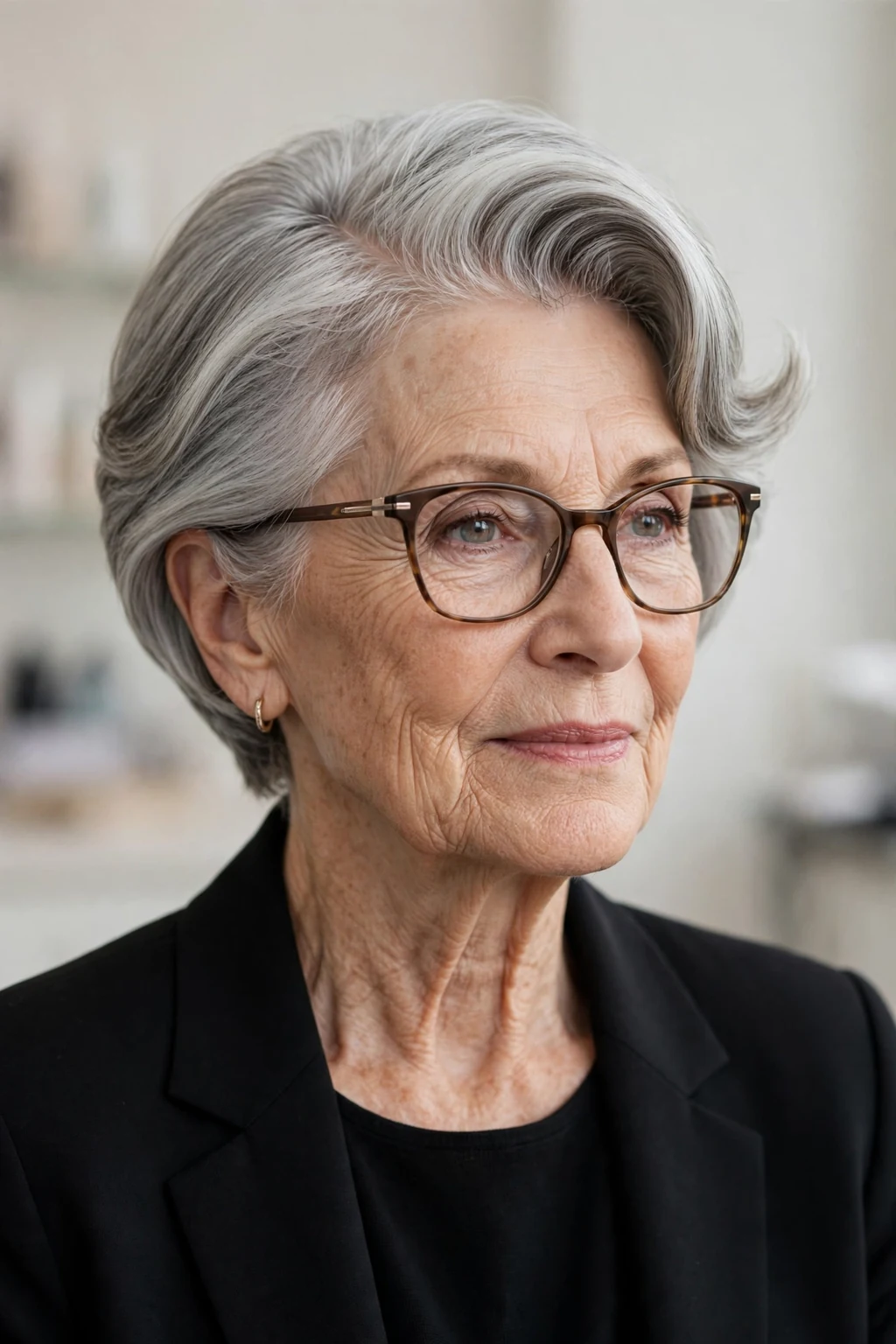 Elegant woman over 70 with glasses and short hair with deep side part, dramatic elegant sweep, refined light.