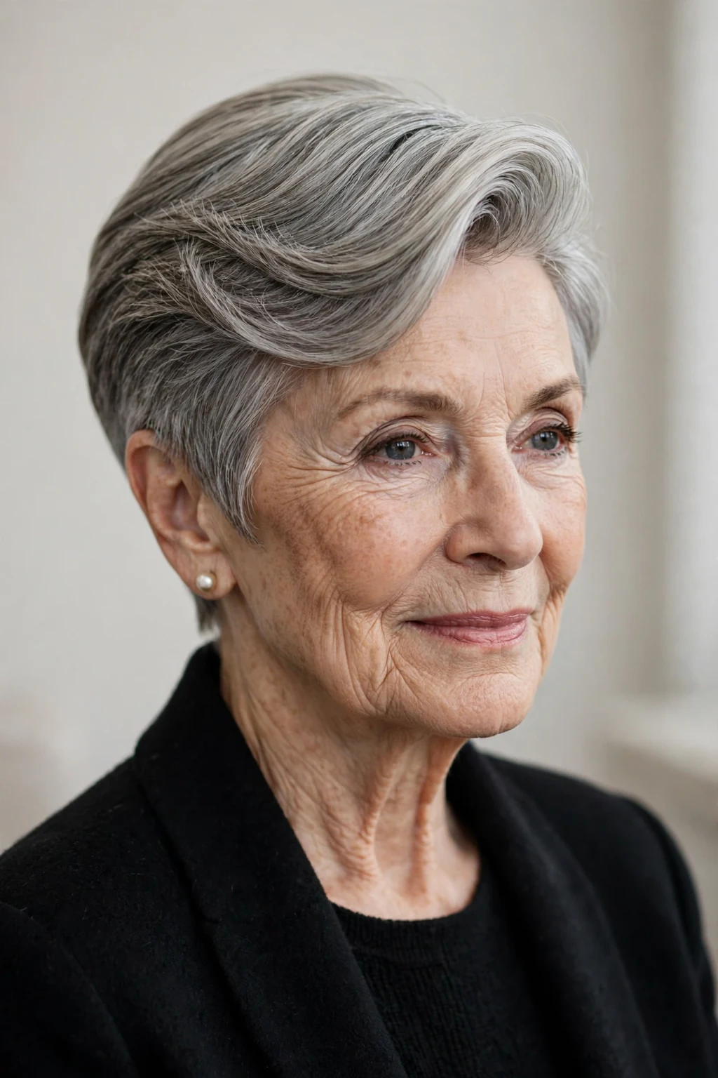 Elegant woman over 70 with deep side part short cut, dramatic elegant sweep, refined light.