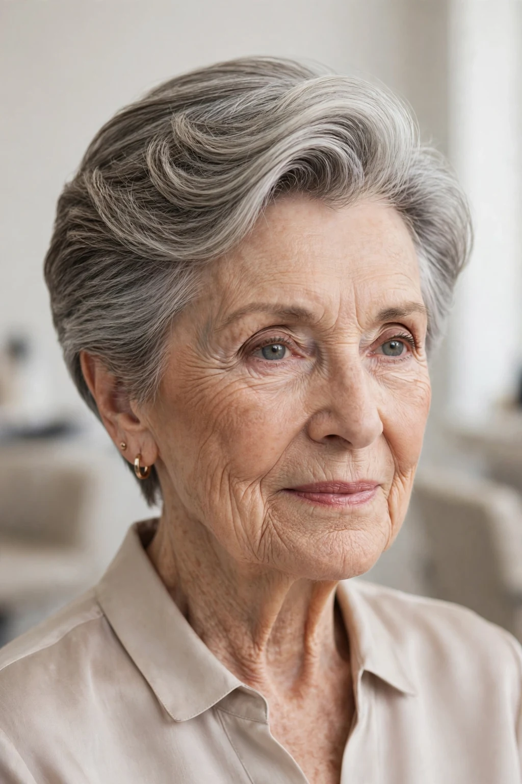 Elegant woman over 80 with short hair with deep side part, elegant sweeping volume, refined light.