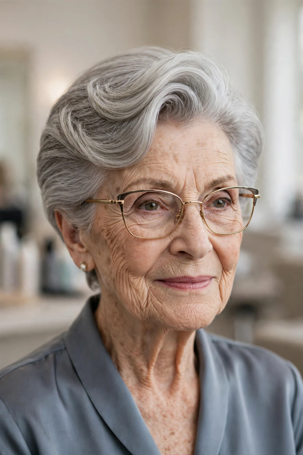 Elegant woman over 80 with glasses and short hair with deep side part, dramatic elegant sweep, refined light.