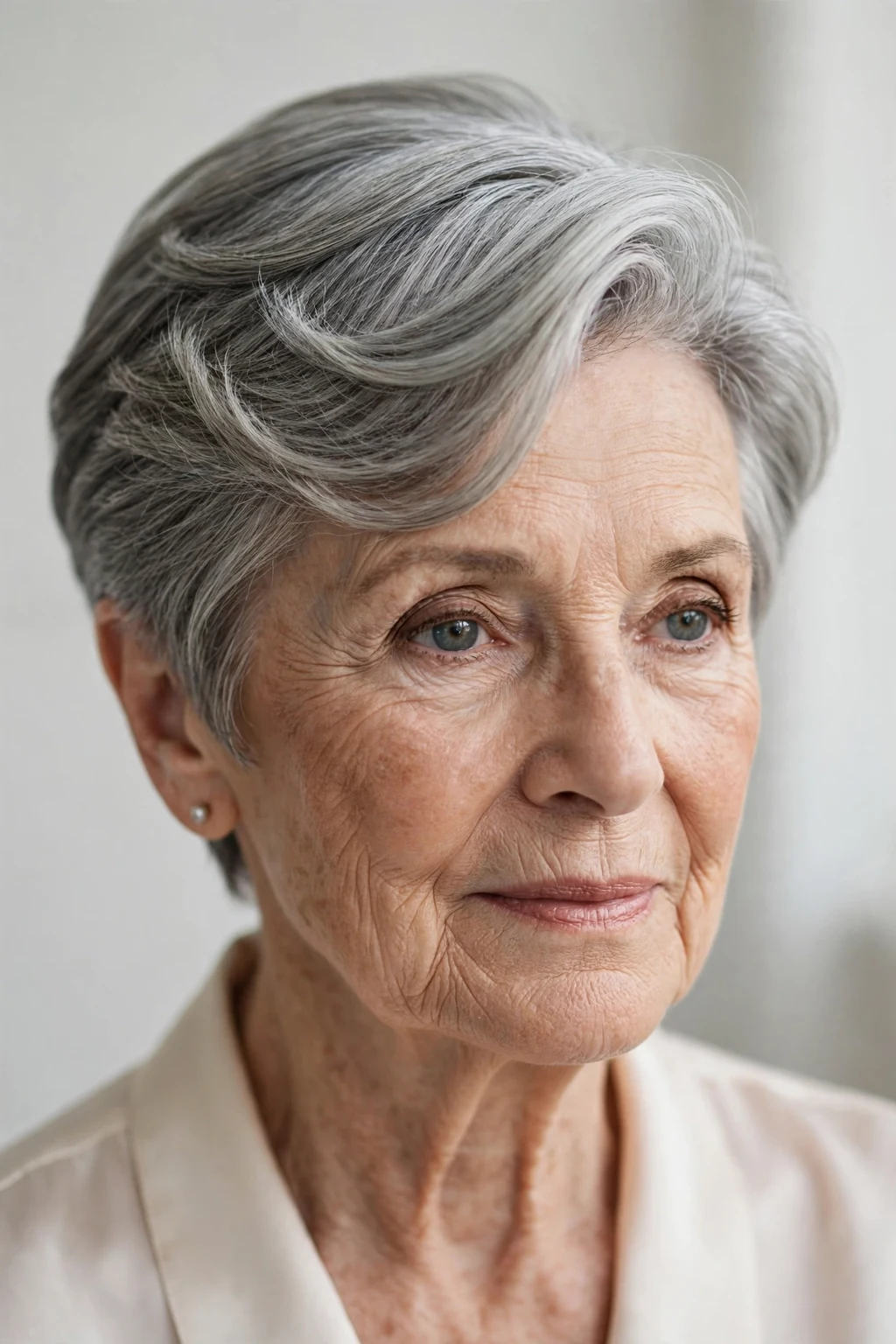 Elegant woman over 80 with deep side part short cut, dramatic elegant sweep, refined light.