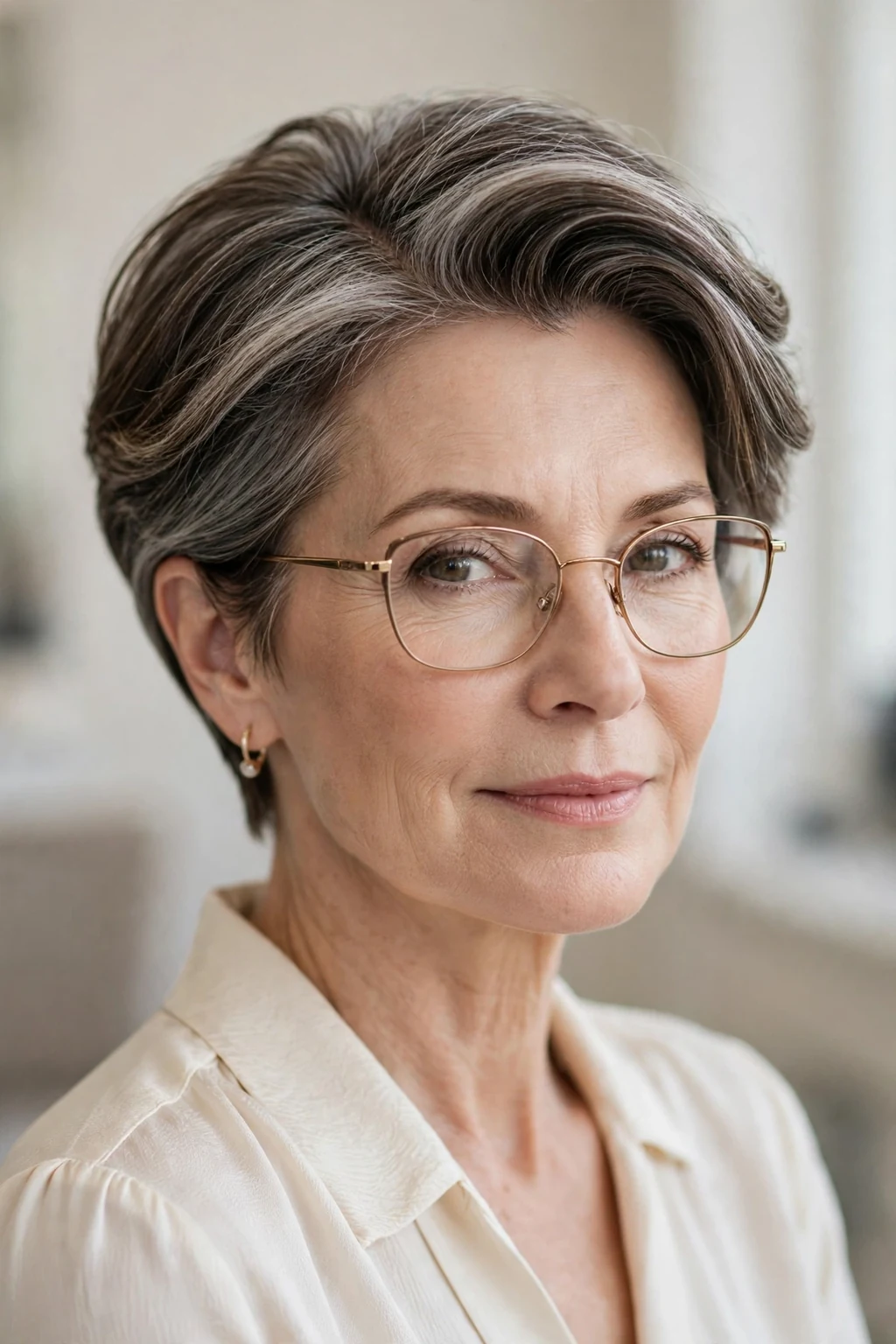Elegant woman over 50 with glasses and short hair with deep side part, elegant sweeping volume, refined light.
