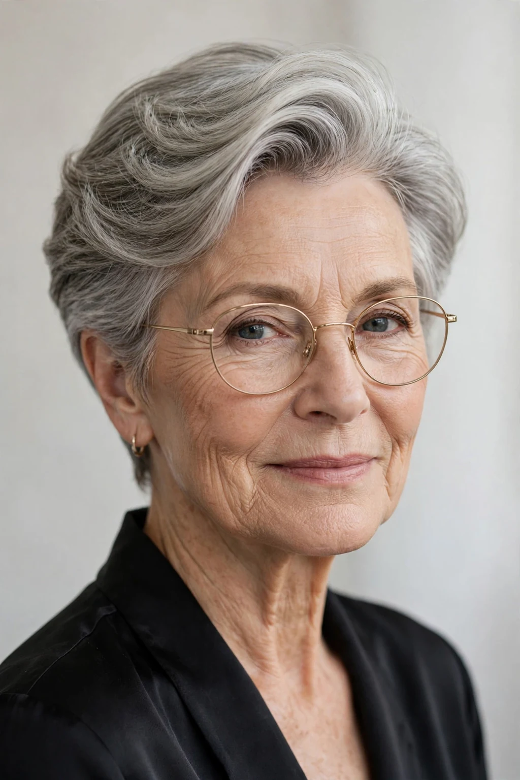 Elegant woman over 60 with glasses and short hair with deep side part, elegant sweeping volume, refined light.