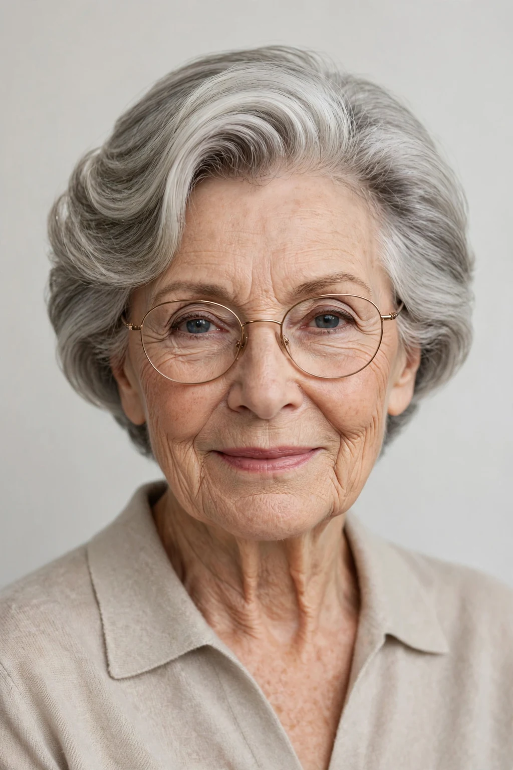 Elegant woman over 70 with glasses and short hair with deep side part, elegant sweeping volume, refined light.