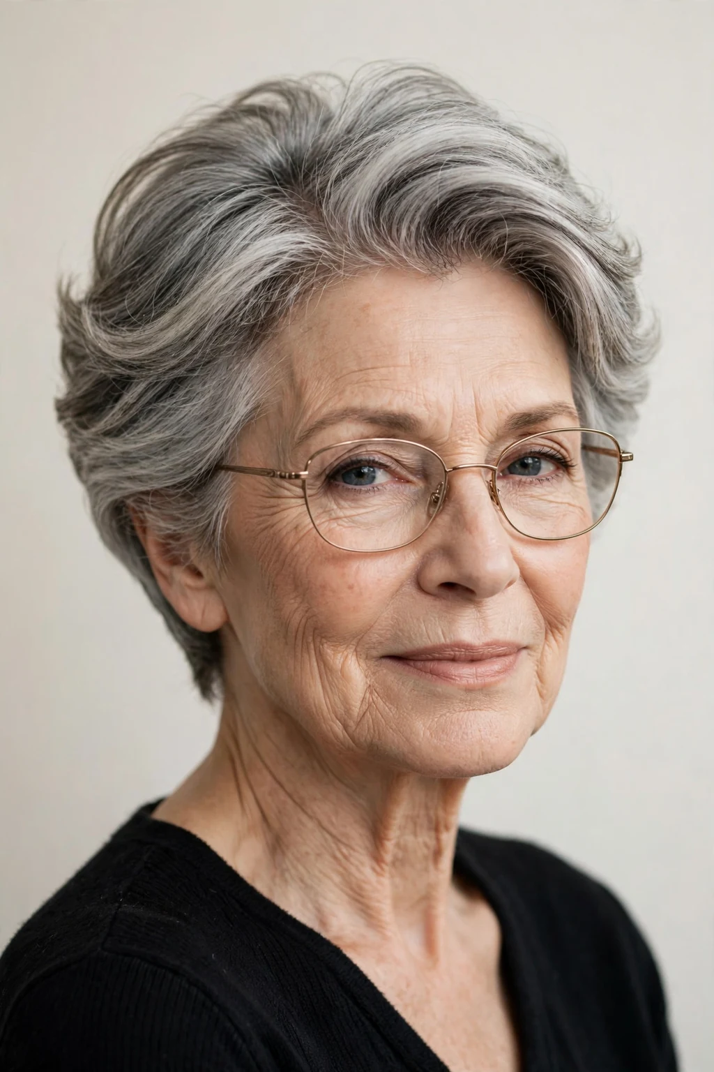 Elegant woman over 60 with fine hair and glasses and short hair with deep side part, elegant sweeping volume, refined light.