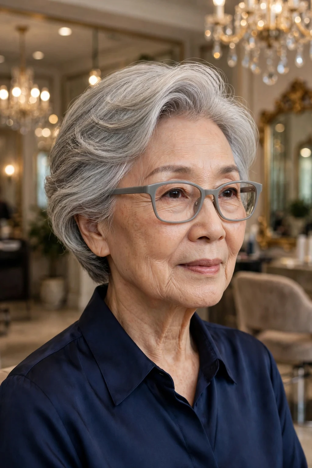 Elegant older woman over 70 with fine hair and glasses and short hair with deep side part, elegant sweeping volume, refined light.