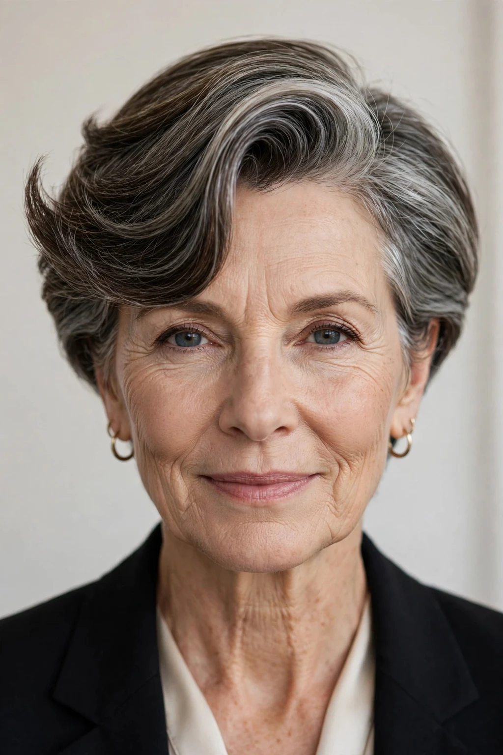 Elegant older woman over 50 with short hair with deep side part, dramatic elegant sweep, refined light.