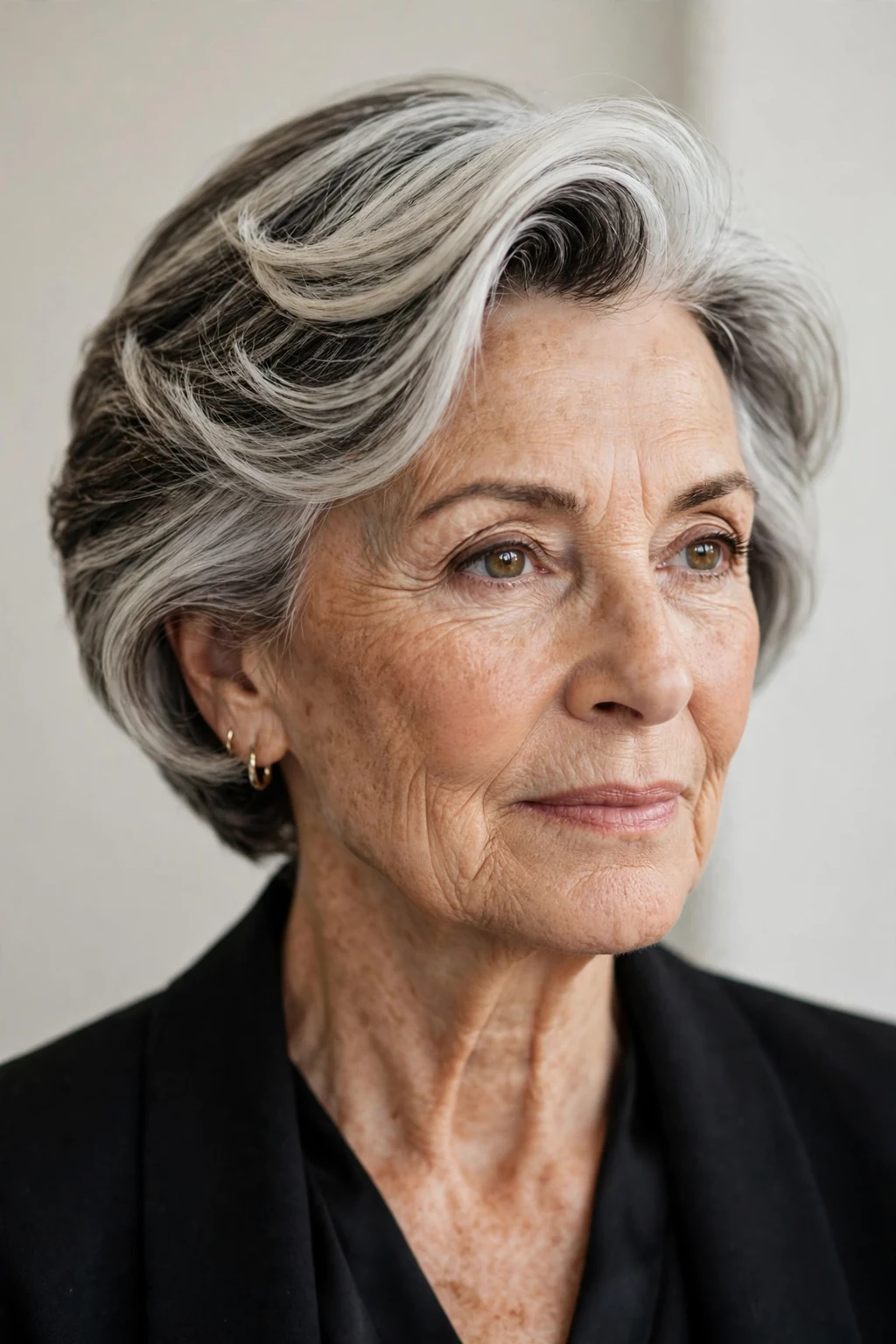 Elegant older woman over 60 with short hair with deep side part, elegant sweeping volume, refined light.