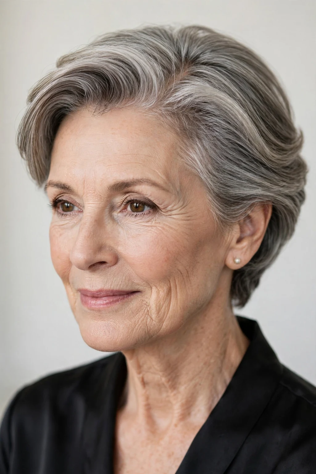 Elegant older woman with short hair with deep side part, elegant sweeping volume, refined light.