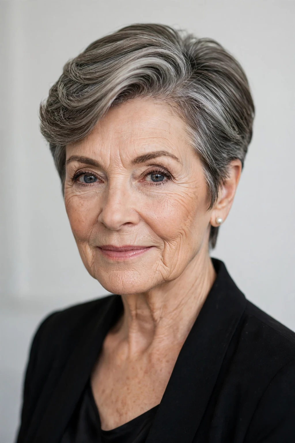 Elegant woman over 60 with short hair with deep side part, dramatic elegant sweep, refined light.
