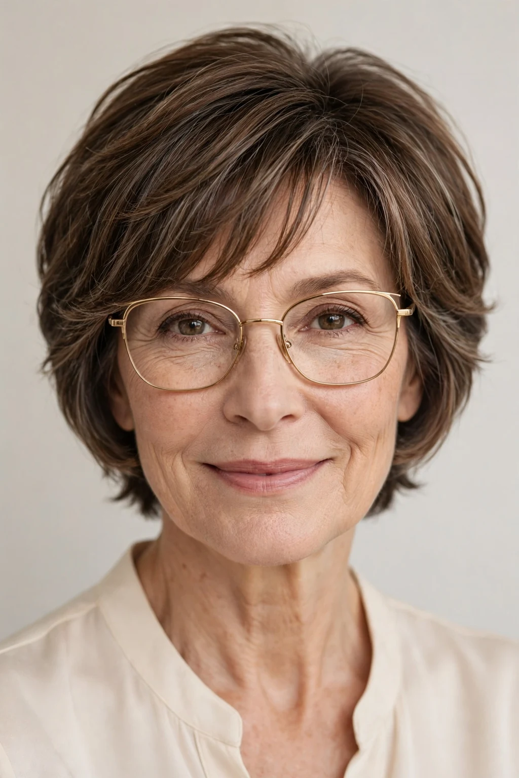 Elegant woman over 50 with glasses and face-framing short cut, contouring pieces, flattering light.
