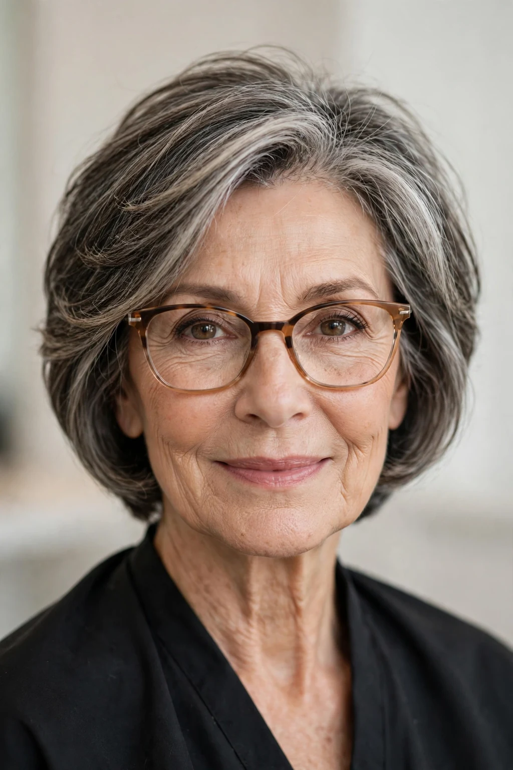 Elegant woman over 60 with glasses and face-framing short cut, contouring pieces, flattering light.