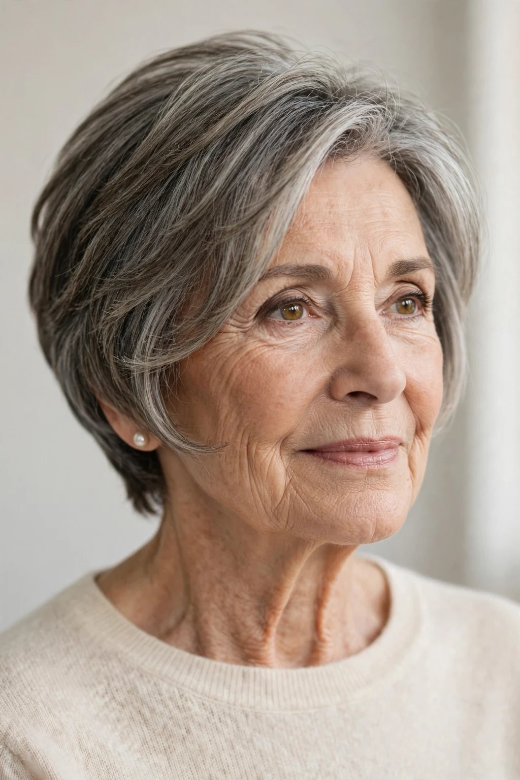 Elegant woman over 70 with face-framing short cut, contouring pieces, flattering light.