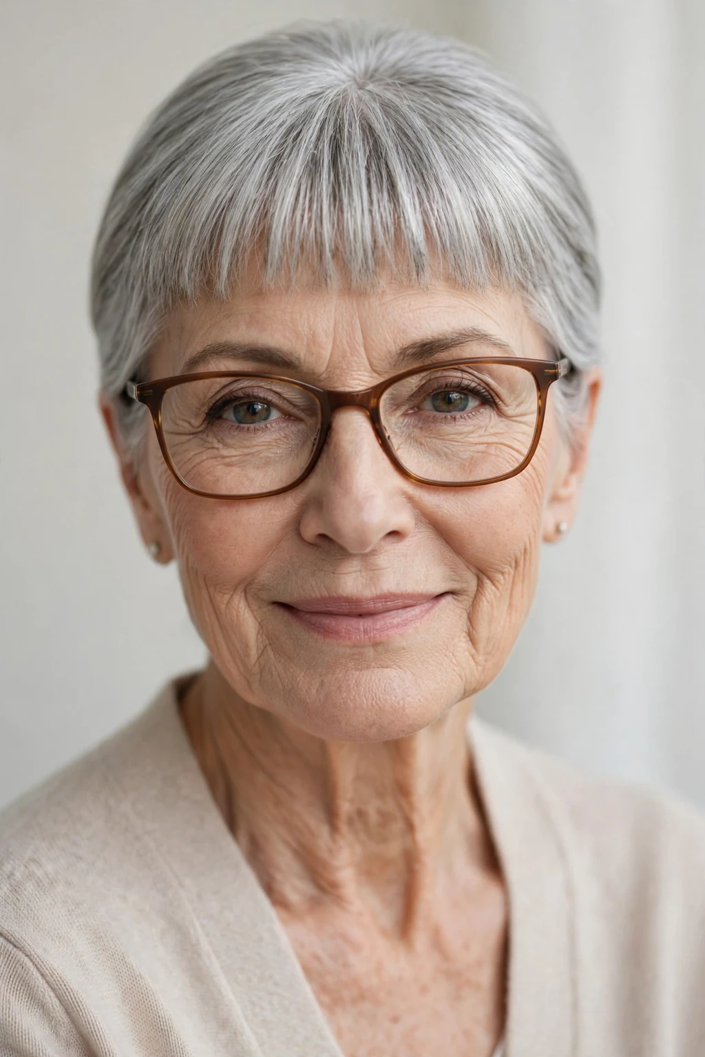 Elegant woman over 70 with glasses and short hair with glasses-friendly fringe, tailored neat bangs, flattering light.