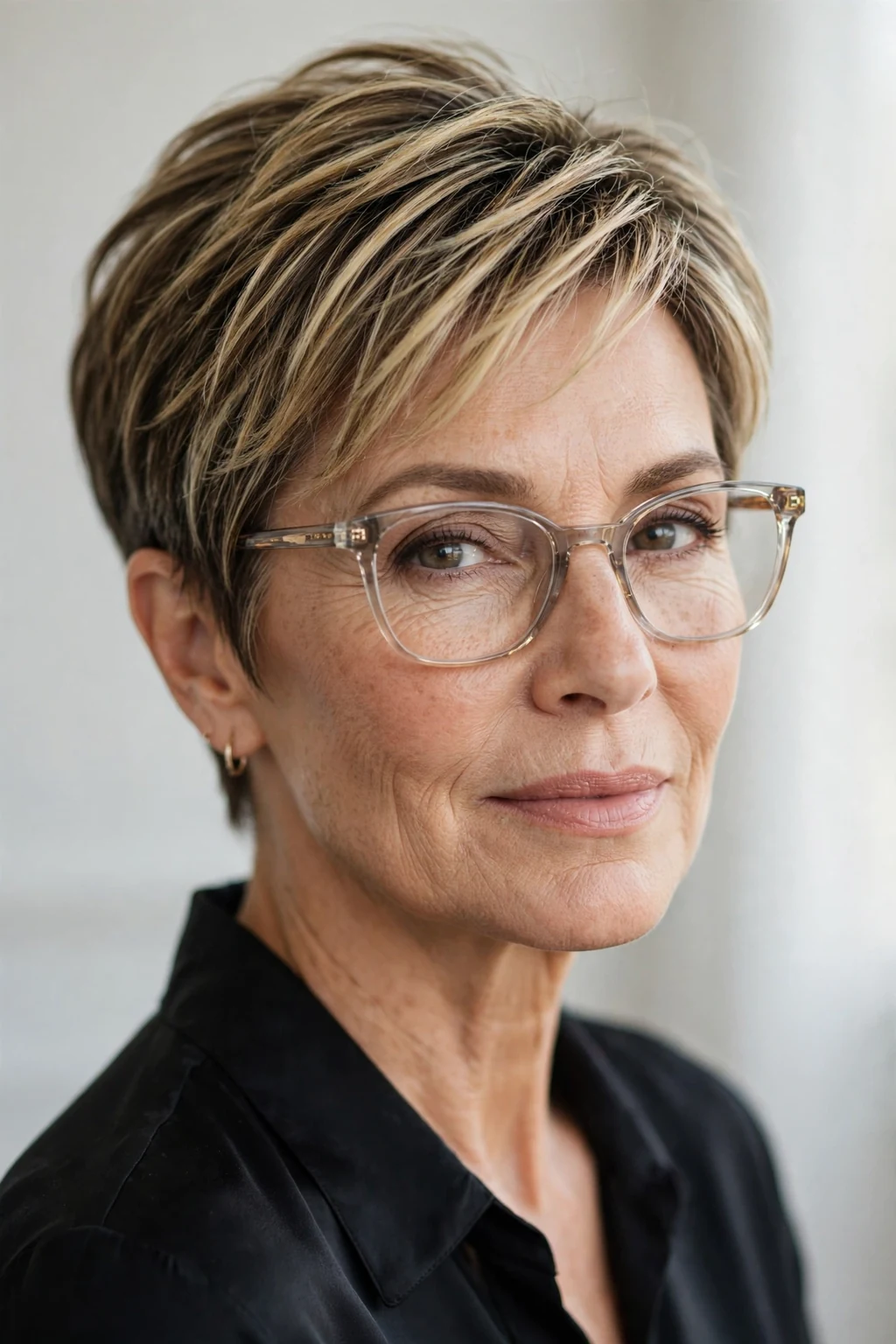 Elegant woman over 50 with glasses and highlighted short cut, dimensional radiant color, luminous light.