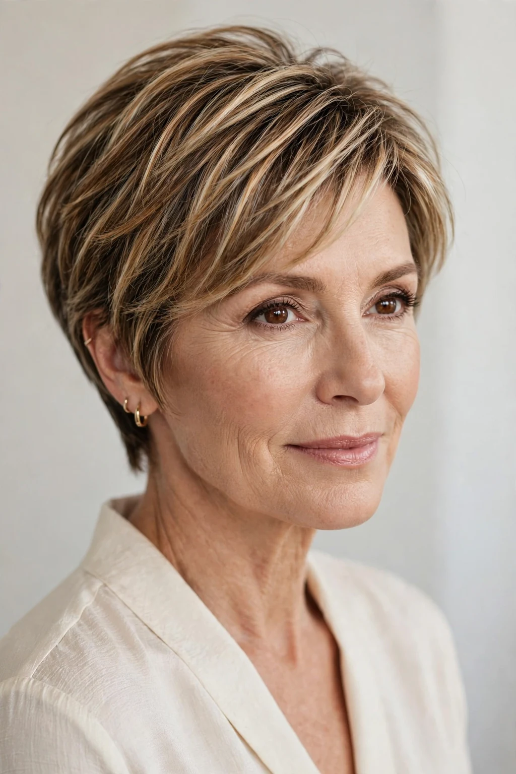 Elegant woman over 50 with highlighted short hair, dimensional radiant color, luminous light.