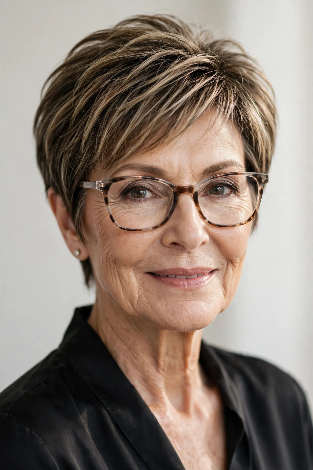 Elegant woman over 60 with glasses and highlighted short cut, dimensional radiant color, luminous light.