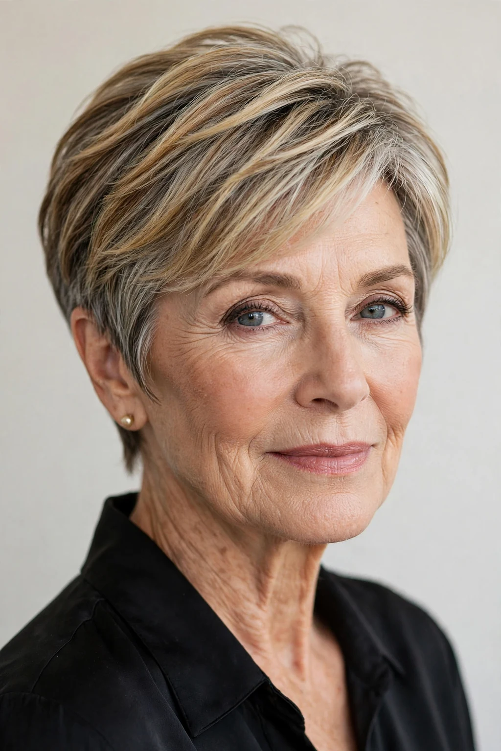 Elegant woman over 60 with highlighted short hair, dimensional radiant color, luminous light.