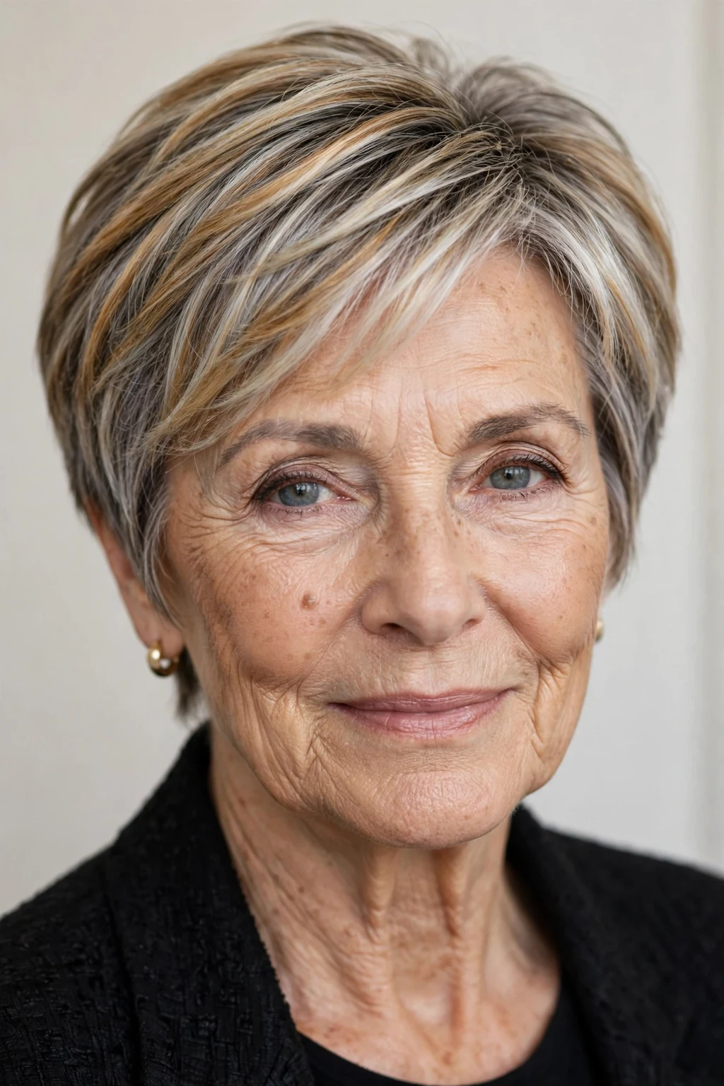 Elegant woman over 70 with highlighted short hair, dimensional radiant color, luminous light.