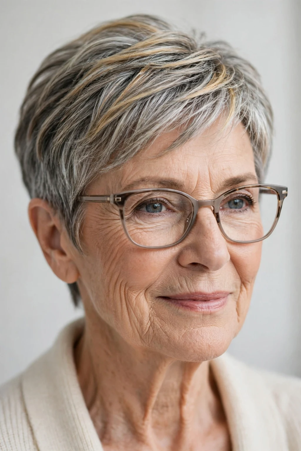Elegant woman over 70 with glasses and highlighted short hair, dimensional radiant color, luminous light.