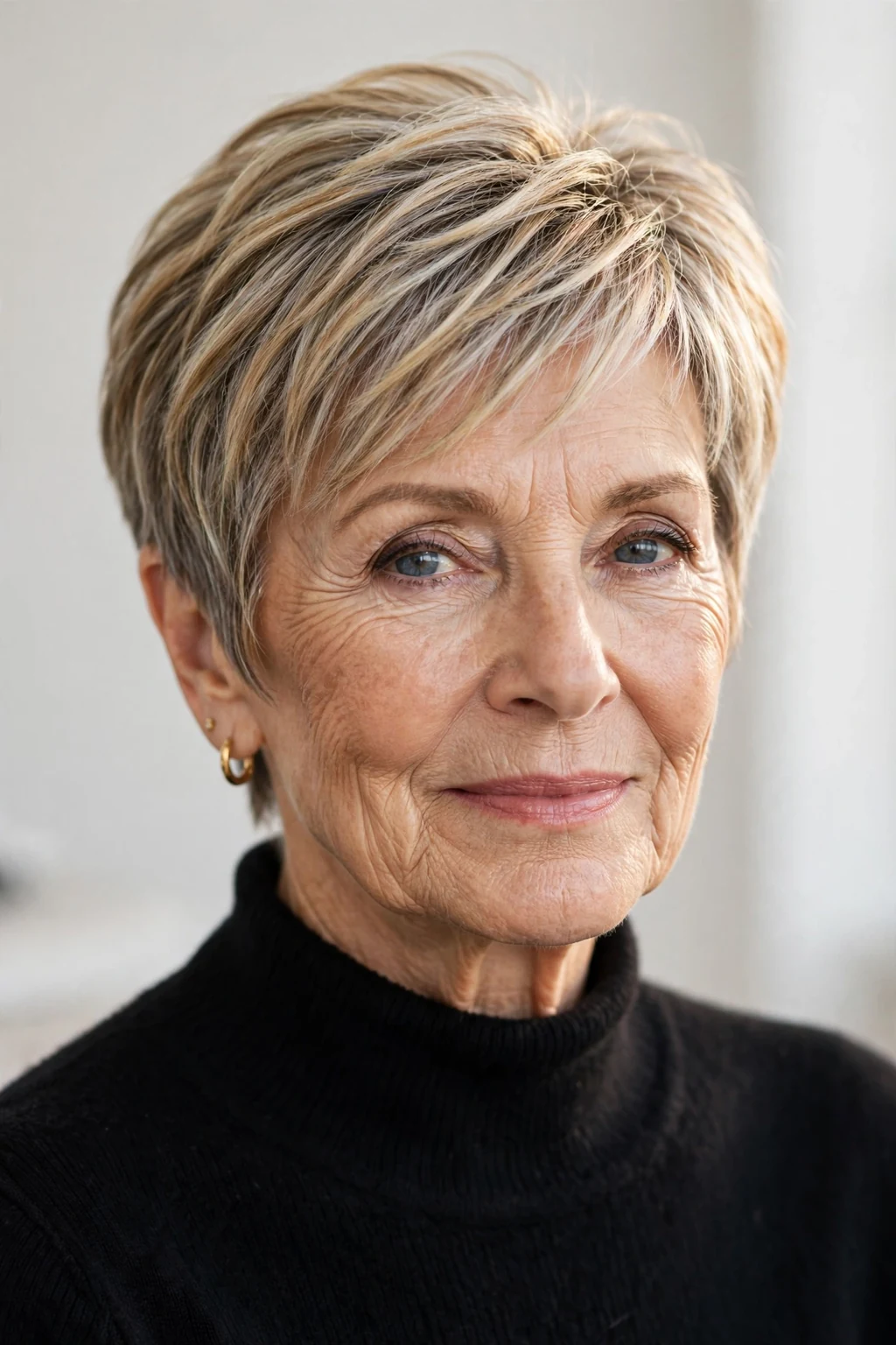 Elegant woman over 70 with highlighted short cut, dimensional radiant color, luminous light.