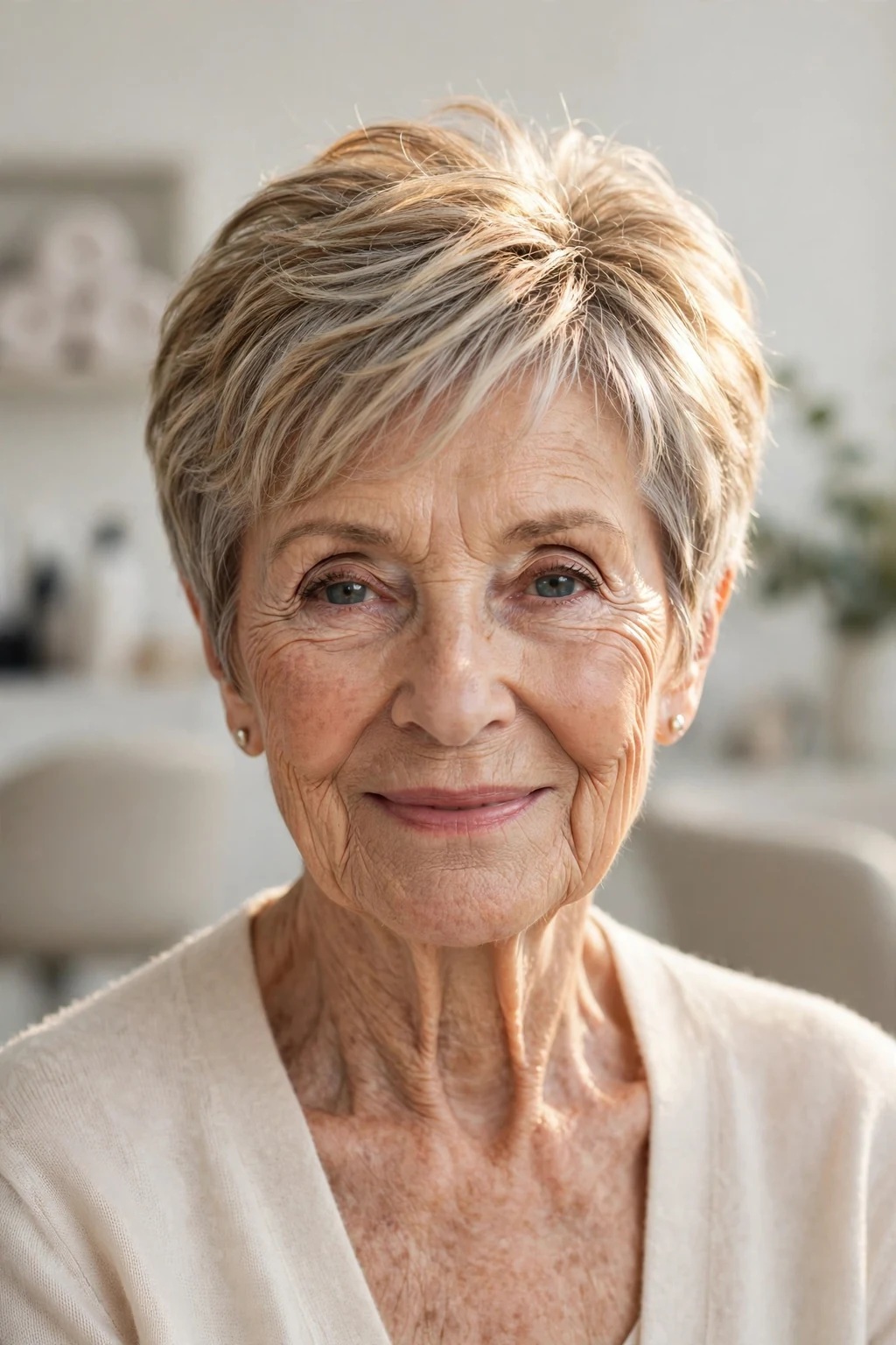 Elegant woman over 80 with highlighted short hair, dimensional radiant color, luminous light.