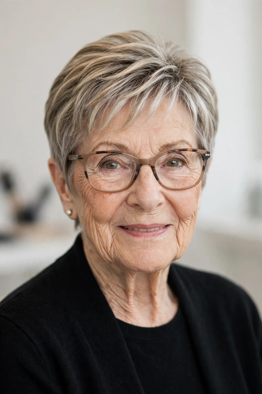 Elegant woman over 80 with glasses and highlighted short hair, dimensional radiant color, luminous light.