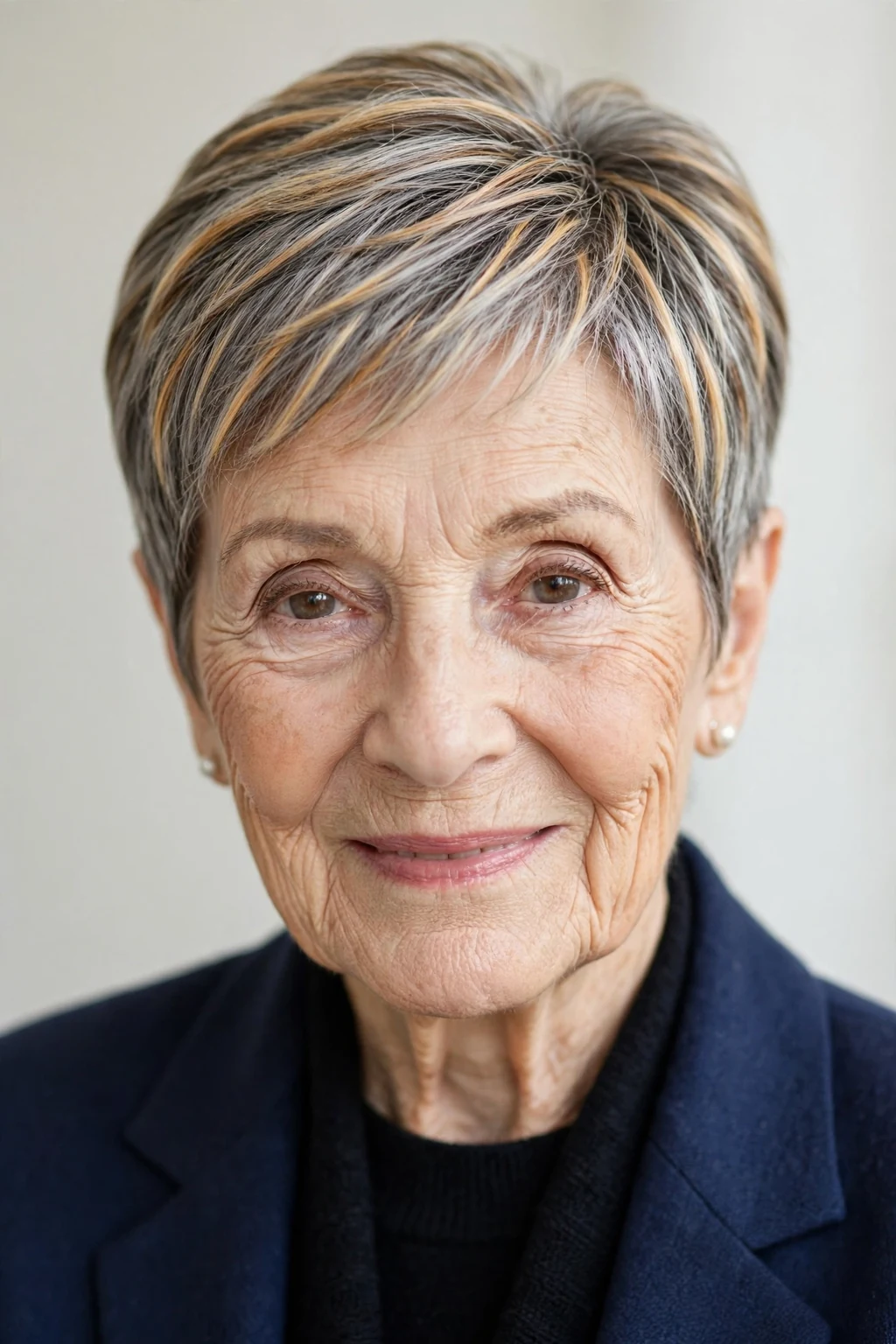 Elegant woman over 80 with highlighted short cut, dimensional radiant color, luminous light.