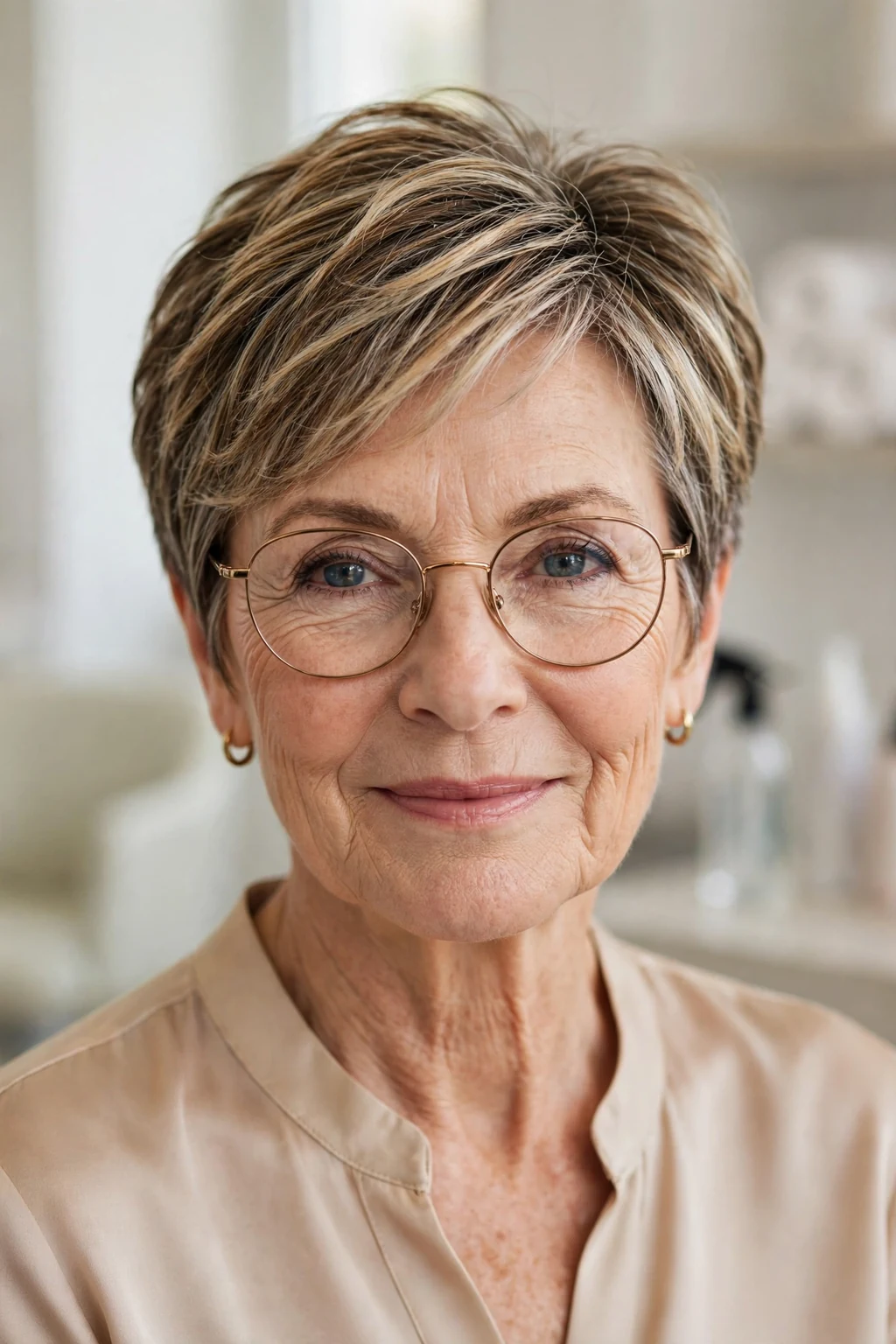 Elegant woman over 60 with glasses and highlighted short hair, dimensional radiant color, luminous light.