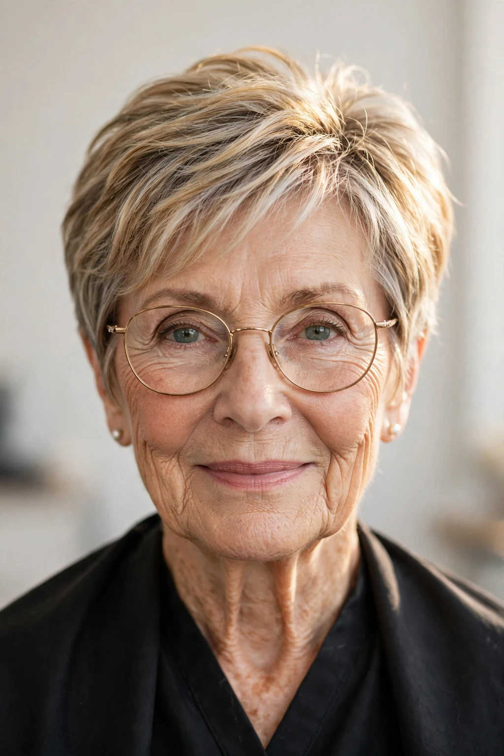 Elegant woman over 70 with glasses and highlighted short hair, dimensional radiant color, luminous light.