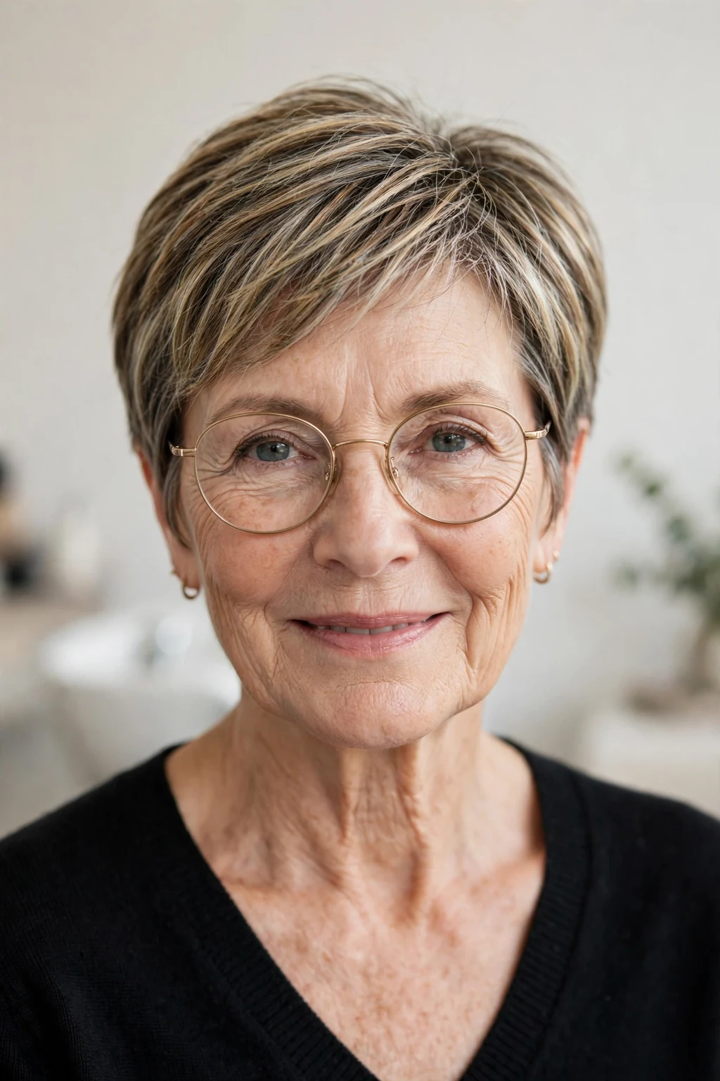 Elegant woman over 60 with fine hair and glasses and highlighted short hair, dimensional radiant color, luminous light.