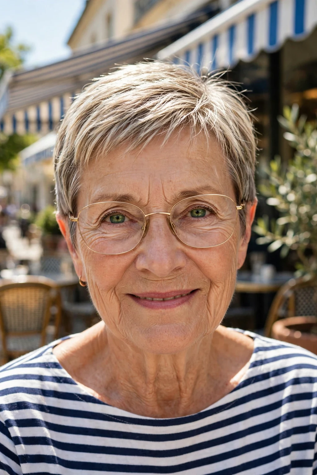 Elegant older woman over 70 with fine hair and glasses and highlighted short hair, dimensional radiant color, luminous light.