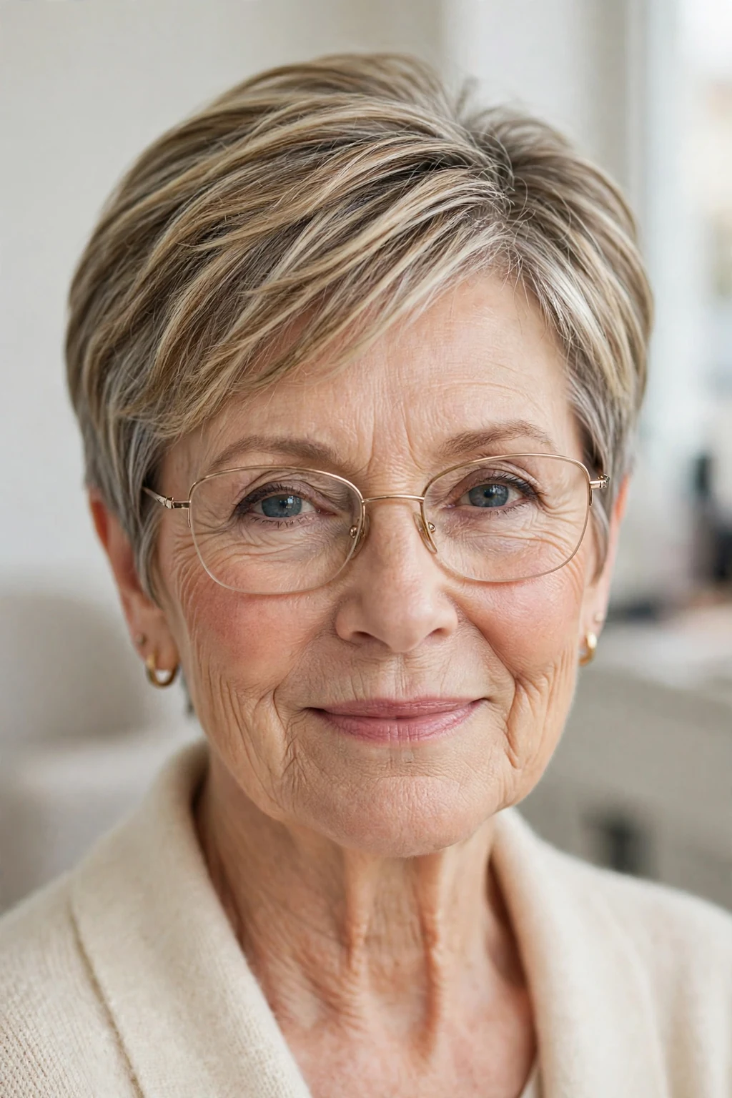 Elegant older woman with glasses and highlighted short hair, dimensional radiant color, luminous light.