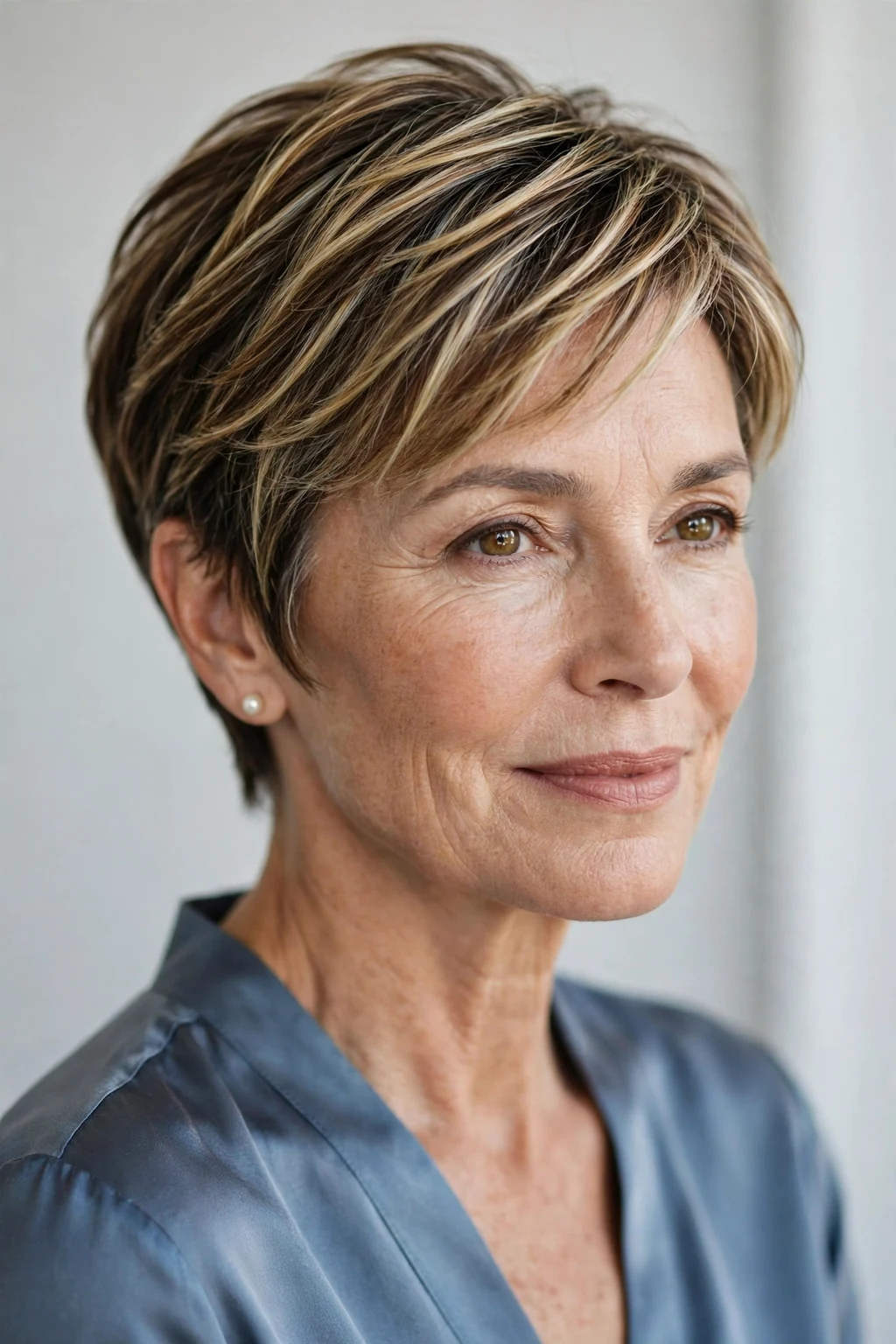 Elegant older woman over 50 with highlighted short hair, dimensional radiant color, luminous light.