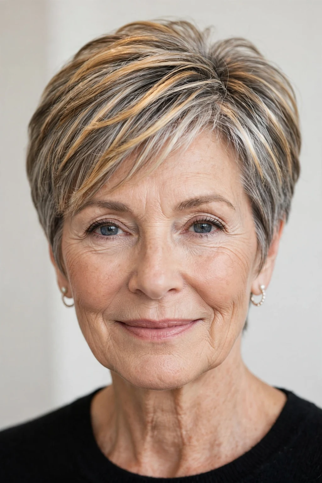 Elegant older woman over 60 with highlighted short hair, dimensional radiant color, luminous light.